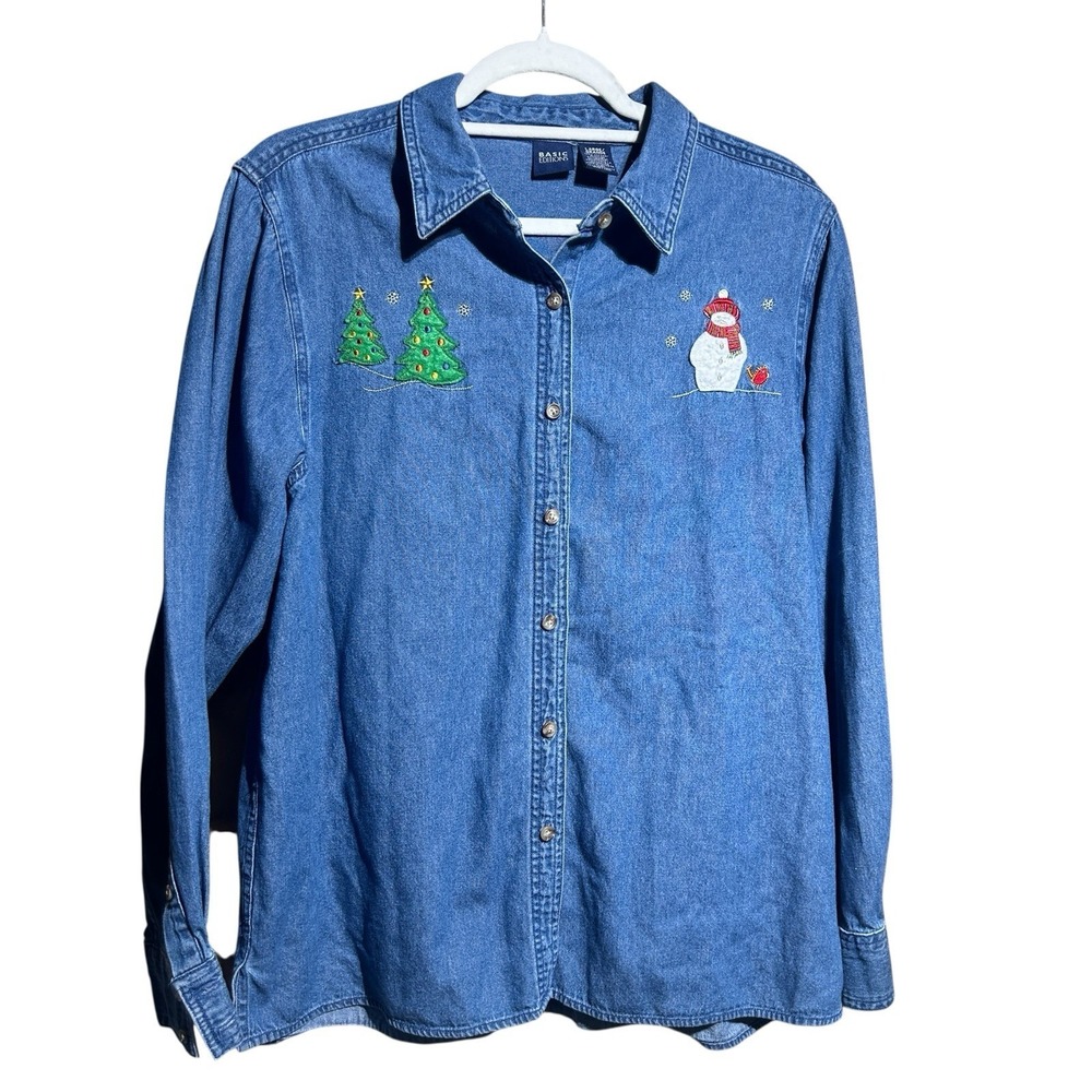 Basic Editions Christmas Holiday Embroidered Denim Button Down Sz L 100% Cotton